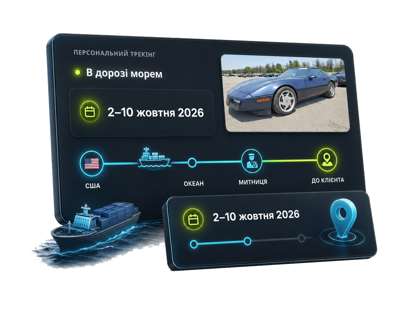 Приклад персонального трекінгу автомобіля з поточним етапом, маршрутом і прогнозованою датою передачі